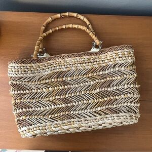 Vintage Style, Raffia Straw Woven Bamboo/Wood Handle Handbag, Purse